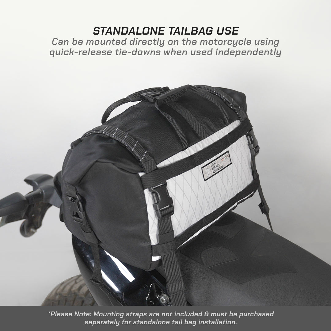 ViaTerra LFA - Tailbag Black and white motorcycle tail bag with text on a gray background