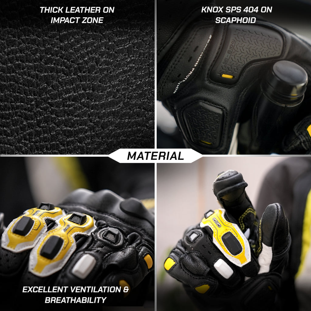 color_common Collage of motorcycle gloves with material details and features highlighted.