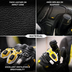color_common Collage of motorcycle gloves with material details and features highlighted.