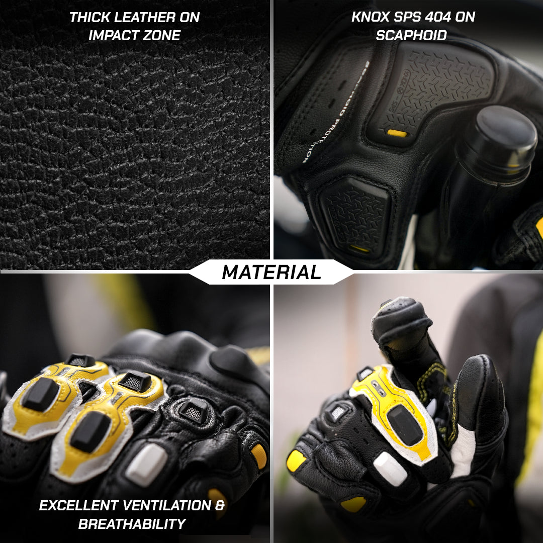 color_common Collage of motorcycle gloves with material details and features highlighted.