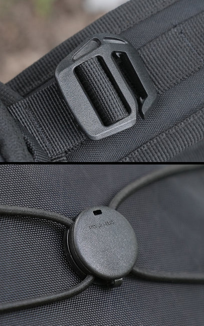 Premium Duraflex Hardware Close-up detail shots of a black tactical-style bag, showing a heavy-duty plastic buckle on the shoulder strap and a round black zipper pull with a cord.
