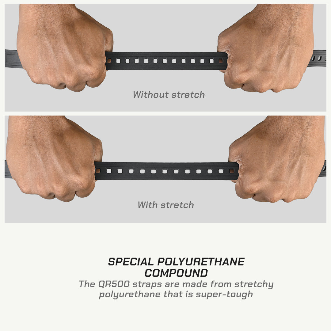 Color_Common Two pairs of hands pulling on a black strap labeled 'Without stretch' and 'With stretch' to demonstrate stretchability.