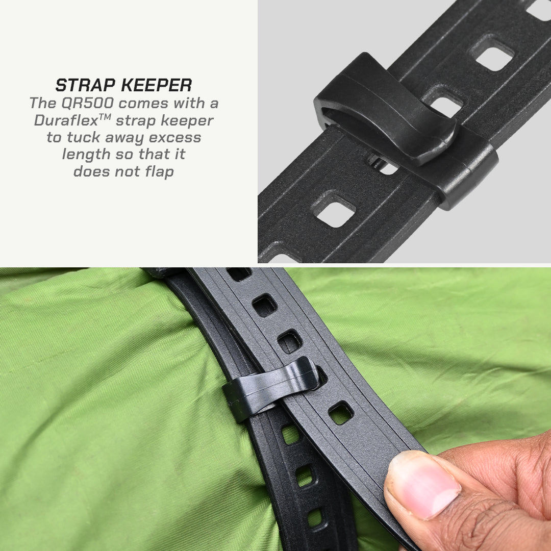 Color_Common Strap keeper on a QR500 frame with text explaining its function.