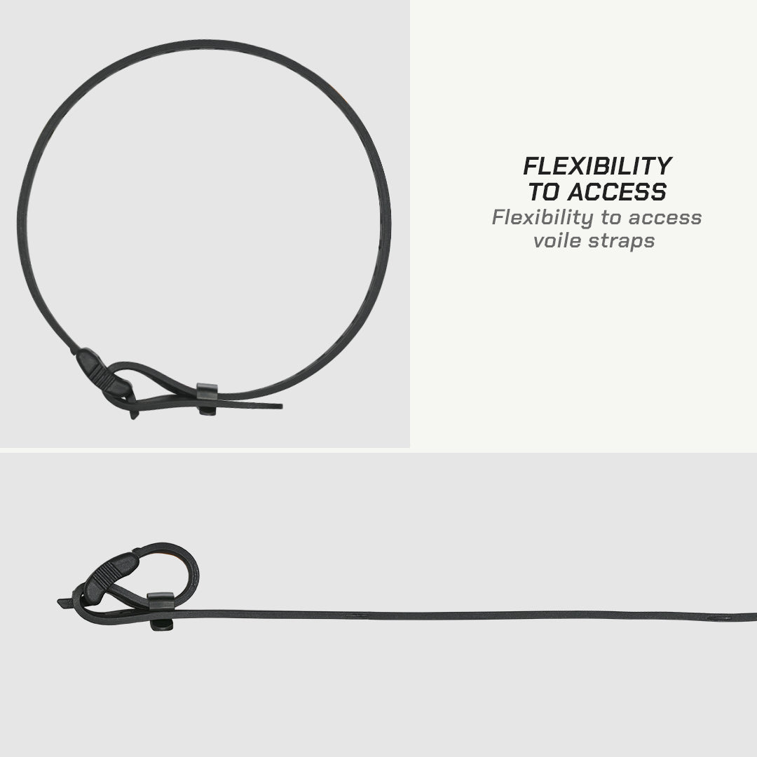 Color_Common Black voile strap with text highlighting flexibility on a light gray background