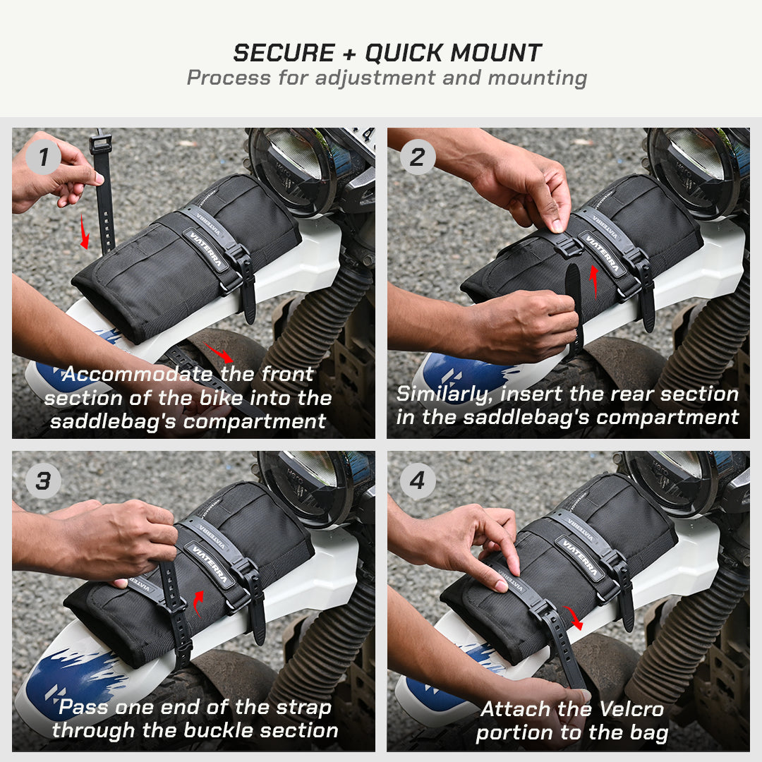 Color_Common Step-by-step guide on how to secure and quick mount a saddlebag onto a bike.