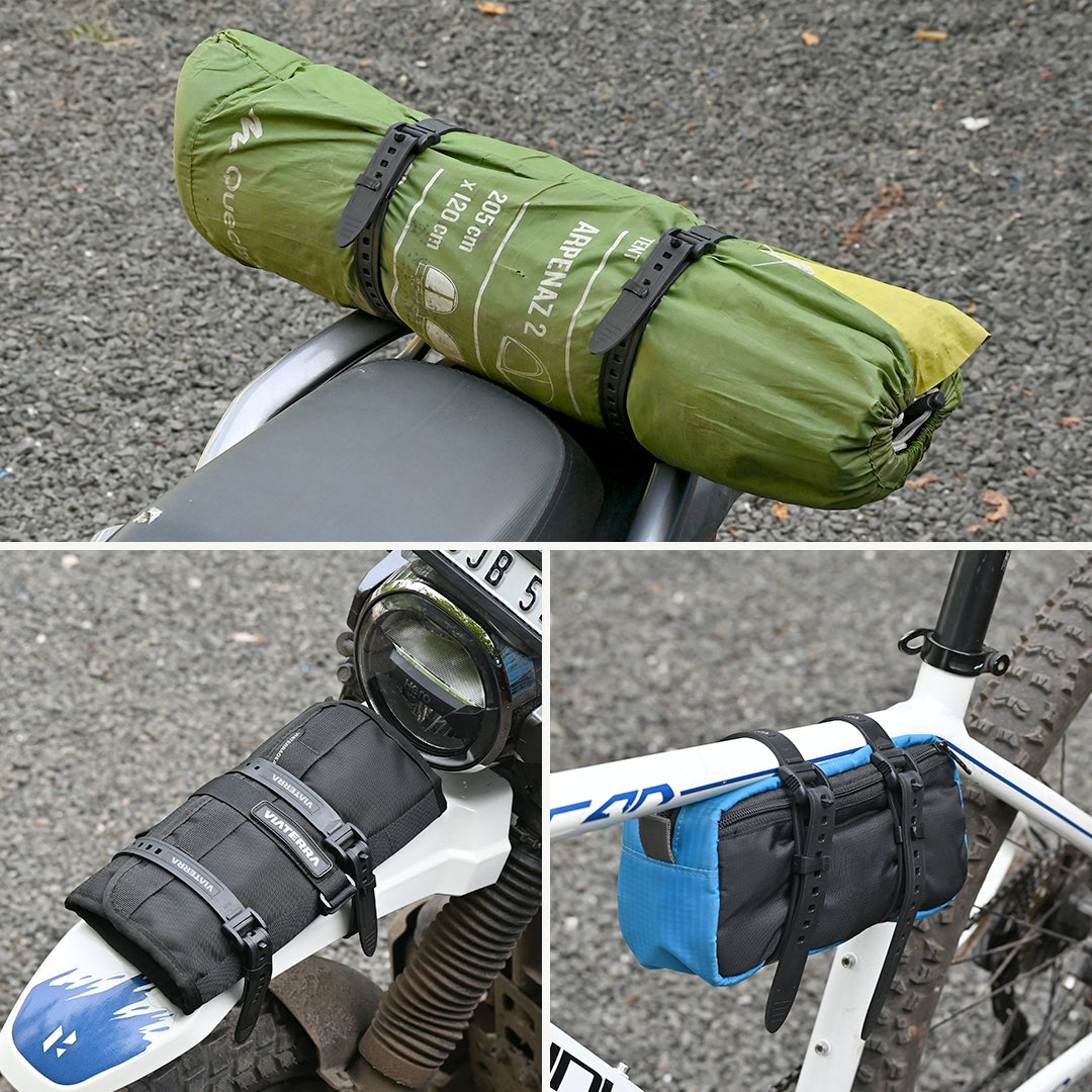 Color_Common Collage of bike saddle bags in green, black, and blue on a bicycle.