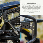 Saddlebag Rack - Royal Enfield BEAR 650 -up of a motorcycle's suspension system with text on ergonomics.