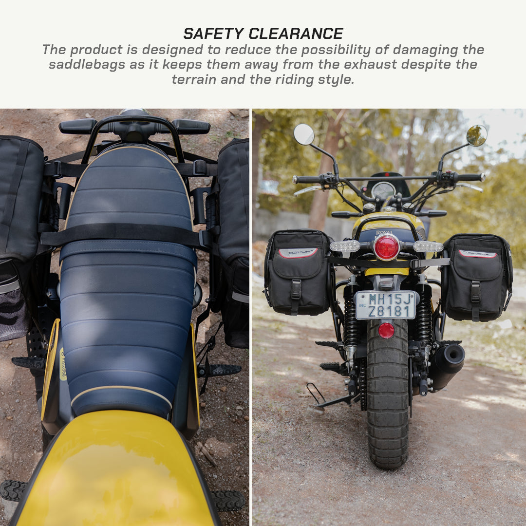 Saddlebag Rack - Royal Enfield BEAR 650Motorcycle with saddlebags on a road, highlighting safety clearance feature.