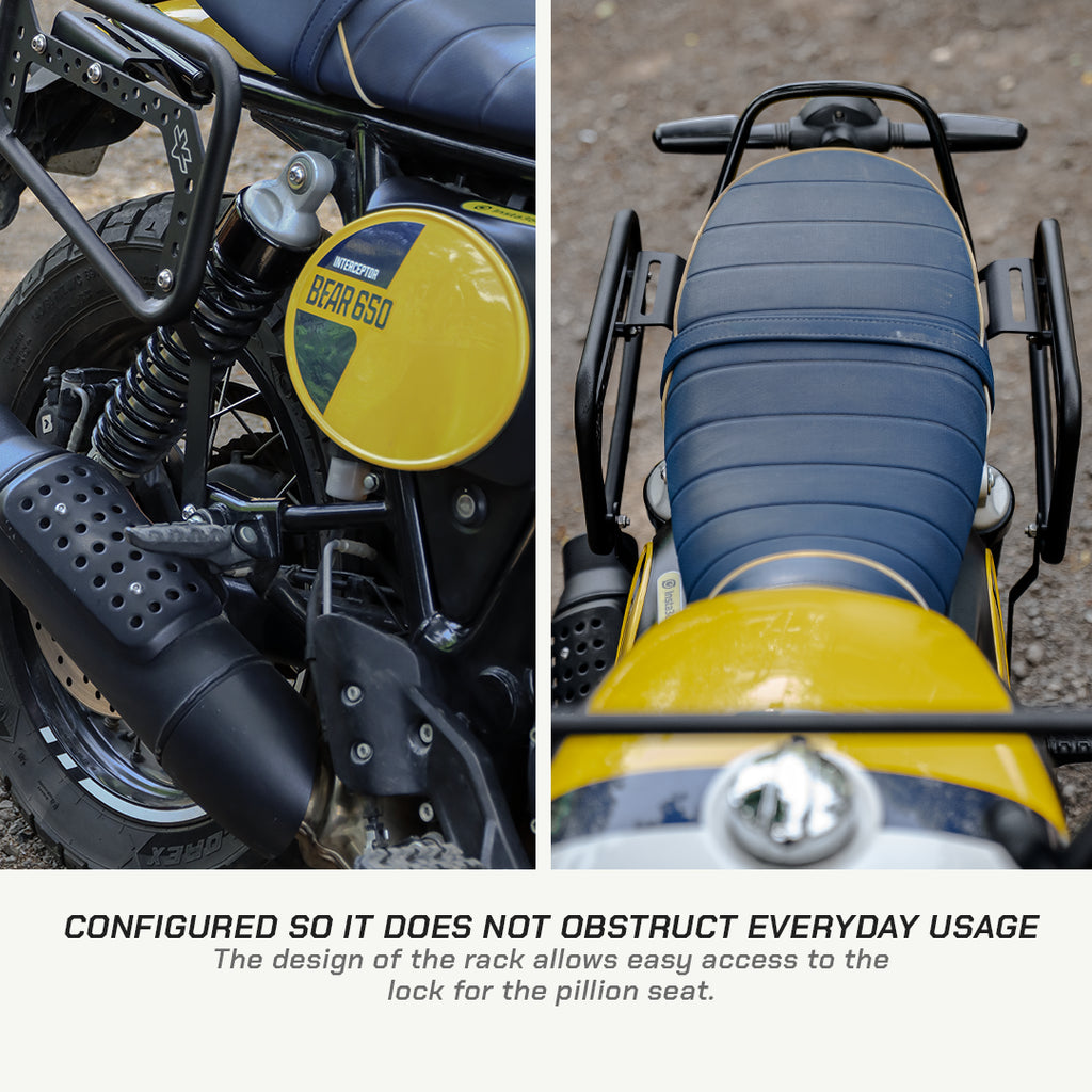 Saddlebag Rack - Royal Enfield BEAR 650 Close-up of a motorcycle seat and handlebar with text about easy access to the lock for the pillion seat.