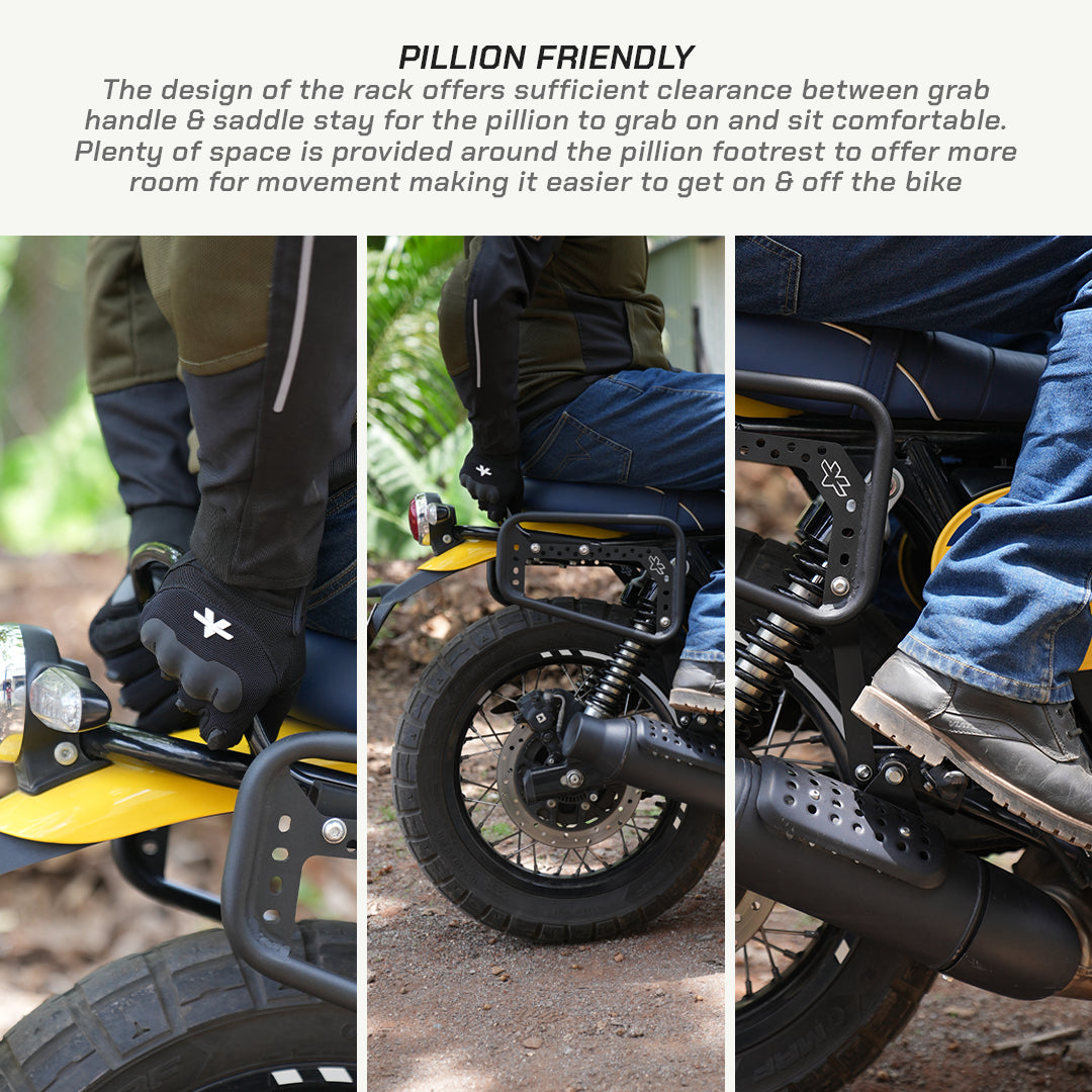 Saddlebag Rack - Royal Enfield BEAR 650 Motorcycle design features with text highlighting the pillion-friendly aspect.