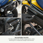 Saddlebag Rack - Royal Enfield BEAR 650 Motorcycle rack with adjustable slots on a blurred background