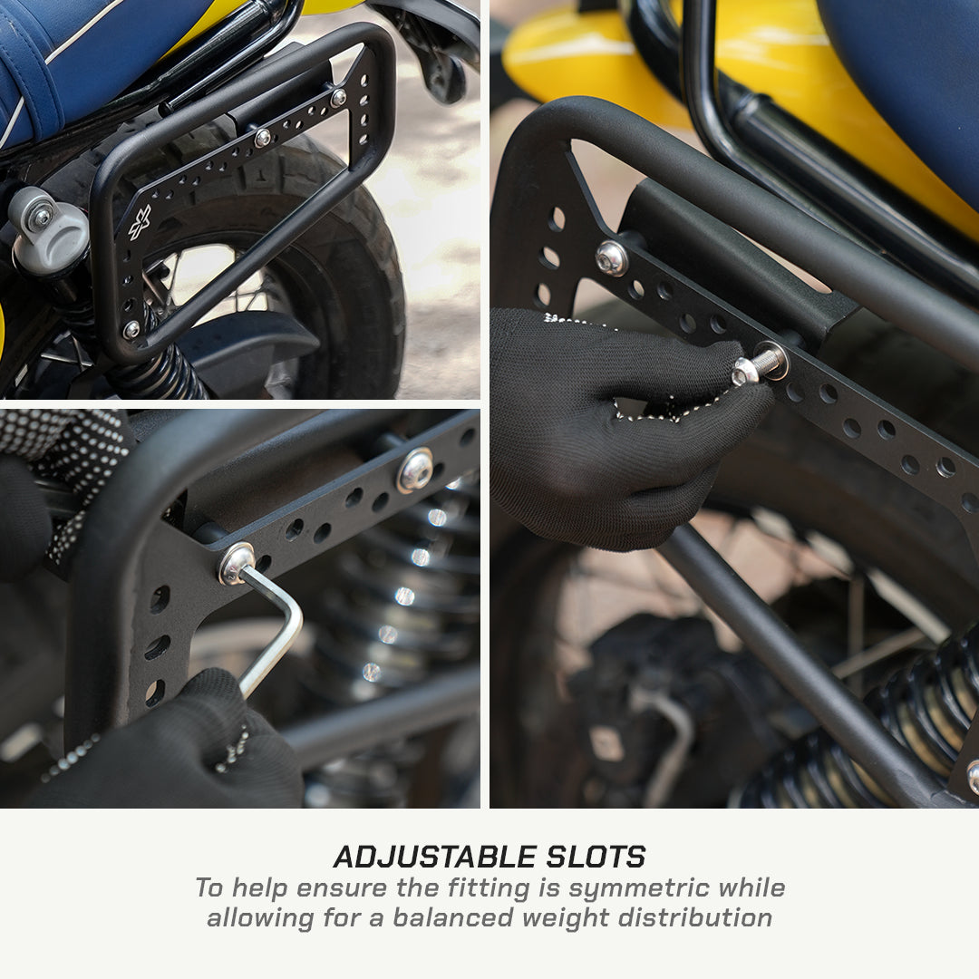 Saddlebag Rack - Royal Enfield BEAR 650 Motorcycle rack with adjustable slots on a blurred background
