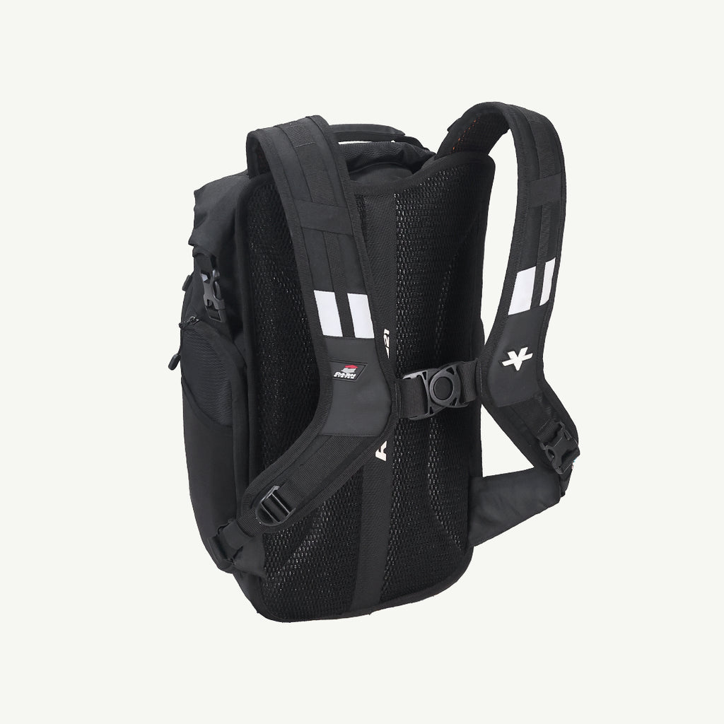 Black backpack shown from the back, featuring a breathable mesh back panel, padded shoulder straps with white reflective stripes, and a quick-release buckle closure, set against a plain off-white background.