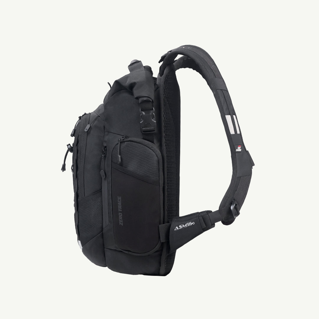 A black tactical sling backpack shown from a side profile view against a light off-white background. The backpack features multiple zippered compartments, a padded shoulder strap, and a visible 'SKYFIT' brand logo on the strap.