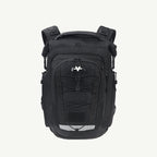 A black backpack with multiple zippered compartments, compression straps, and a white stylized logo on the front, shown against a plain off-white background.