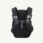 A black Ruxa cycling backpack shown from the back, featuring a breathable mesh back panel, padded shoulder straps, reflective white stripes, and a central vertical strap with the RUXA logo.