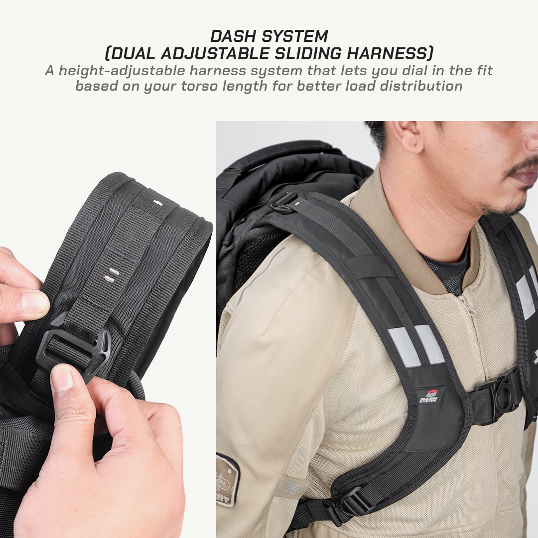 A promotional product image for a black Piquadro dash system dual adjustable sliding harness. The left panel shows a close-up of hands adjusting the black plastic buckle on the harness strap, with explanatory text at the top.