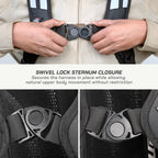 Close-up of a person wearing a black chest harness over a beige jacket, demonstrating the swivel lock sternum closure. The image includes text explaining how the closure secures the harness while allowing natural upper body movement, with two additional close-up views of the buckle mechanism below.