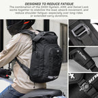 Black ASHikO motorcycle backpack shown on a rider, with a main view and three close-up detail panels highlighting the buckle, strap, and front pocket. Text at the top explains fatigue-reduction technology.