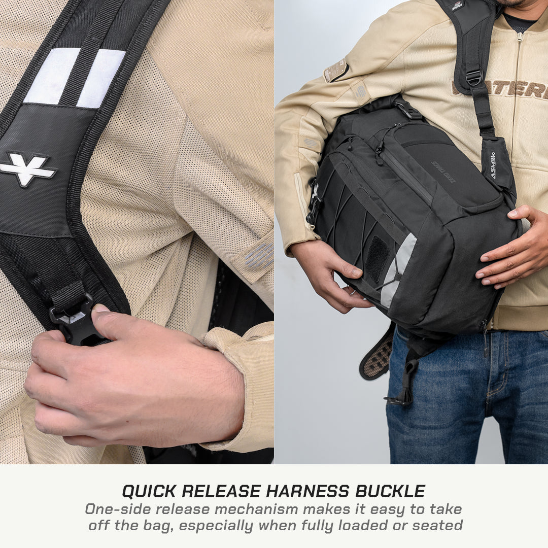 A black crossbody sling bag shown in two views: a close-up of the quick-release harness buckle on the left, and a model wearing it on the right. The model is wearing a beige jacket and blue jeans against a light gray background.