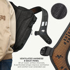 Black ventilated running harness shown worn over a beige jacket, with a circular inset of the black mesh material and a close-up of the orange-and-black webbed strap panel. Text reads 'VENTILATED HARNESS & BACK PANEL' with feature copy below.