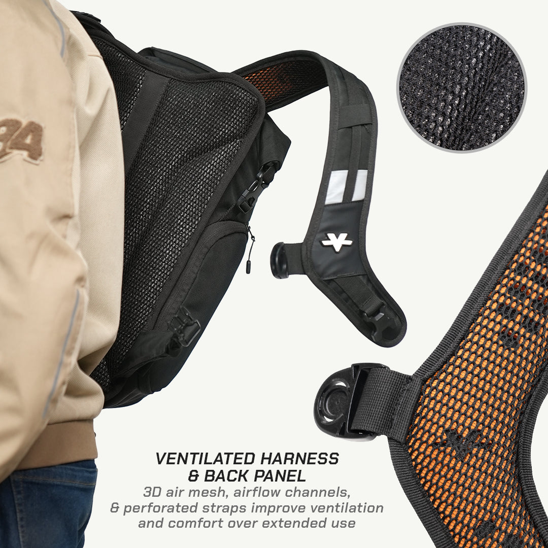 Black ventilated running harness shown worn over a beige jacket, with a circular inset of the black mesh material and a close-up of the orange-and-black webbed strap panel. Text reads 'VENTILATED HARNESS & BACK PANEL' with feature copy below.