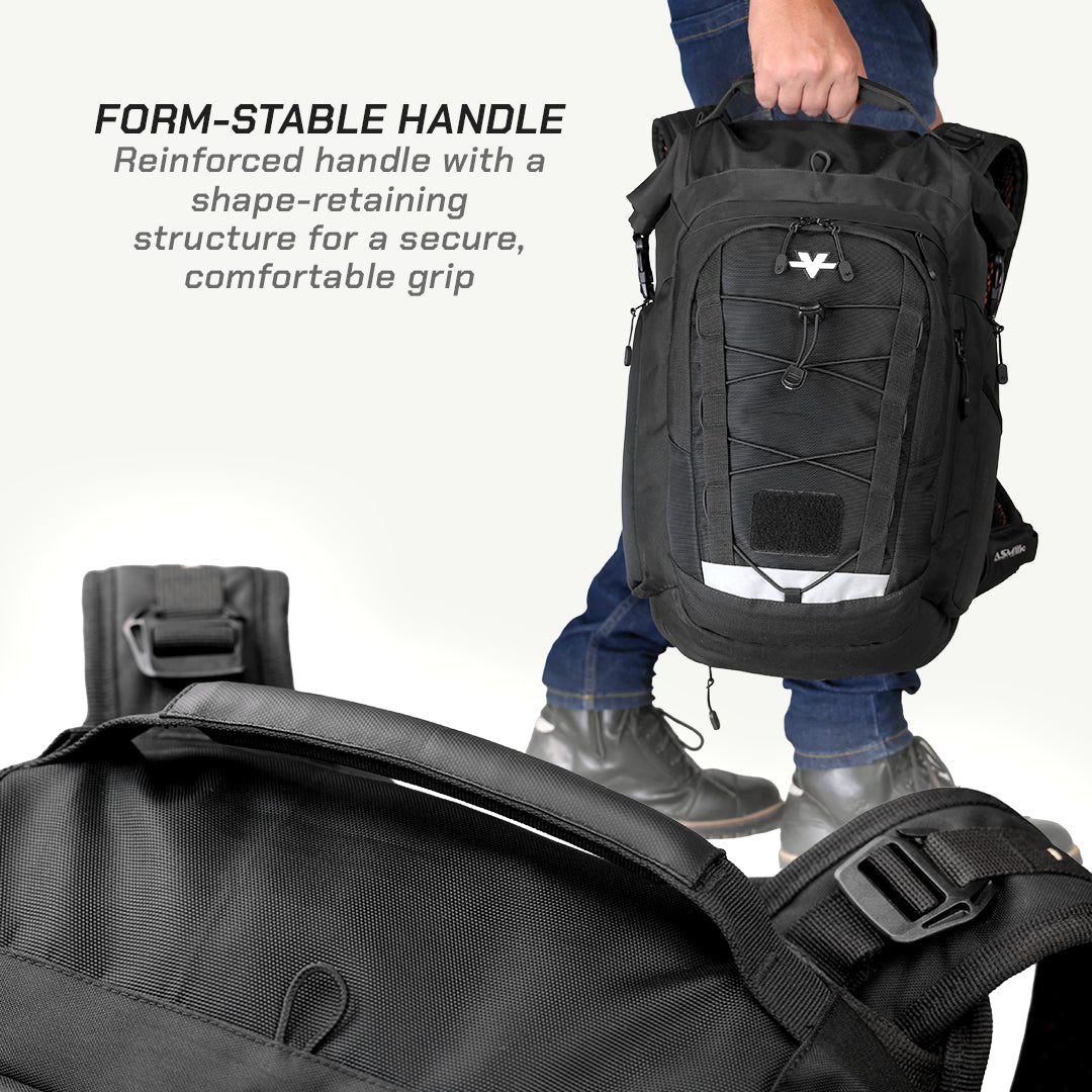 A black tactical-style backpack with a reinforced handle is shown being carried by a person in jeans and boots, with a close-up of the handle in the foreground. Text on the left reads 'FORM-STABLE HANDLE Reinforced handle with a shape-retaining structure for a secure, comfortable grip.