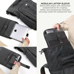 A black modular laptop sleeve shown in a four-panel collage demonstrating how a laptop and accessories attach securely inside the waterproof liner. Text on the right reads 'MODULAR LAPTOP SLEEVE' with feature copy, and the Apple logo is visible on the laptop used for demonstration.