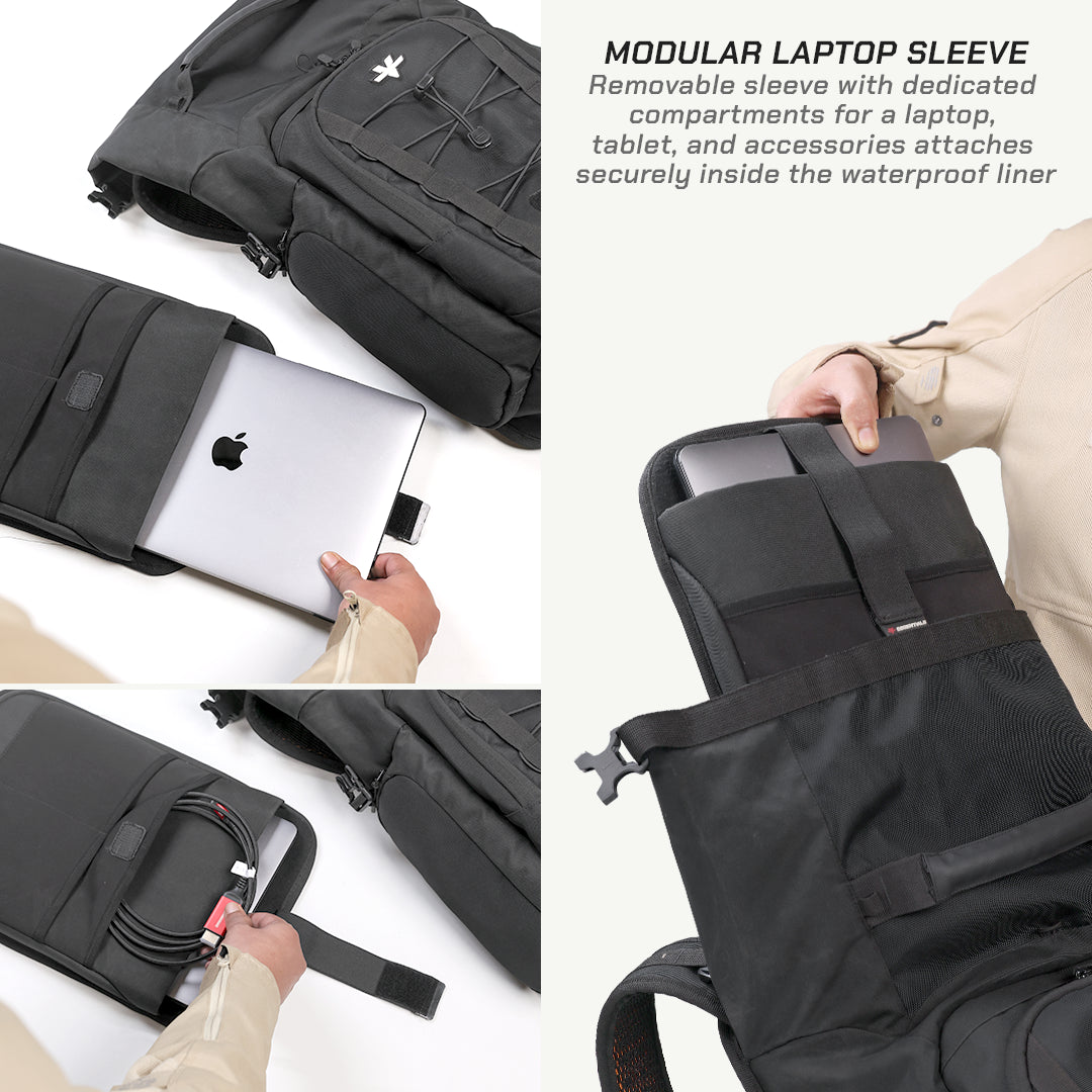 A black modular laptop sleeve shown in a four-panel collage demonstrating how a laptop and accessories attach securely inside the waterproof liner. Text on the right reads 'MODULAR LAPTOP SLEEVE' with feature copy, and the Apple logo is visible on the laptop used for demonstration.