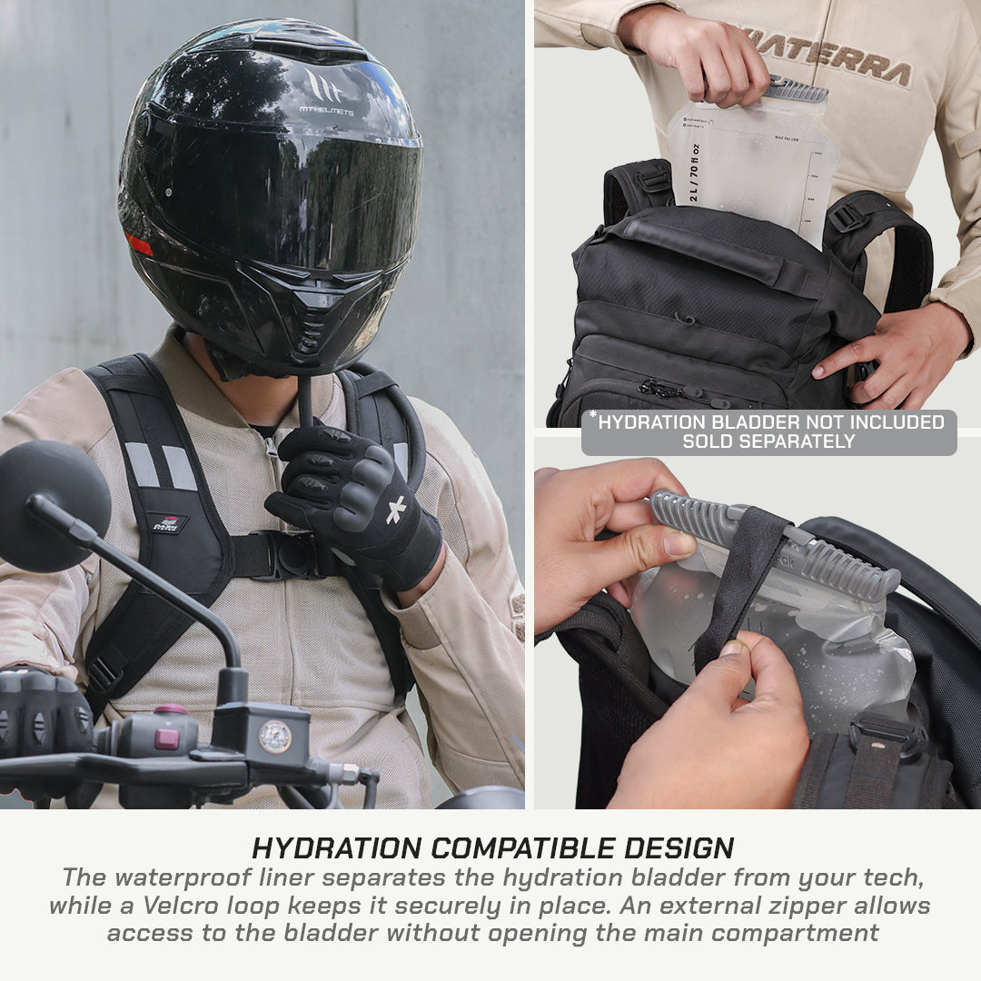 A three-panel product demonstration collage showing a black motorcycle hydration bladder pack worn on a rider's back, being opened, and a close-up of the separate translucent bladder compartment. Text overlays describe compatibility and note that the bladder is not included separately.