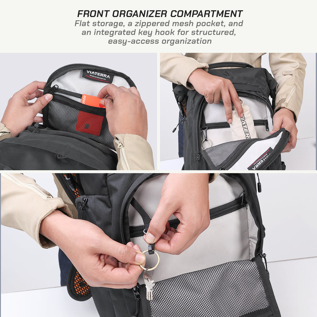 Three-panel product demonstration showing a black and gray VANTERRA front organizer compartment bag. The top panel shows the bag open with a phone and card in a mesh pocket, with text describing flat storage and organized compartments.