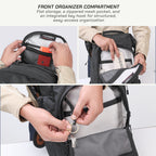 Three-panel product demonstration showing a black and gray VANTERRA front organizer compartment bag. The top panel shows the bag open with a phone and card in a mesh pocket, with text describing flat storage and organized compartments.