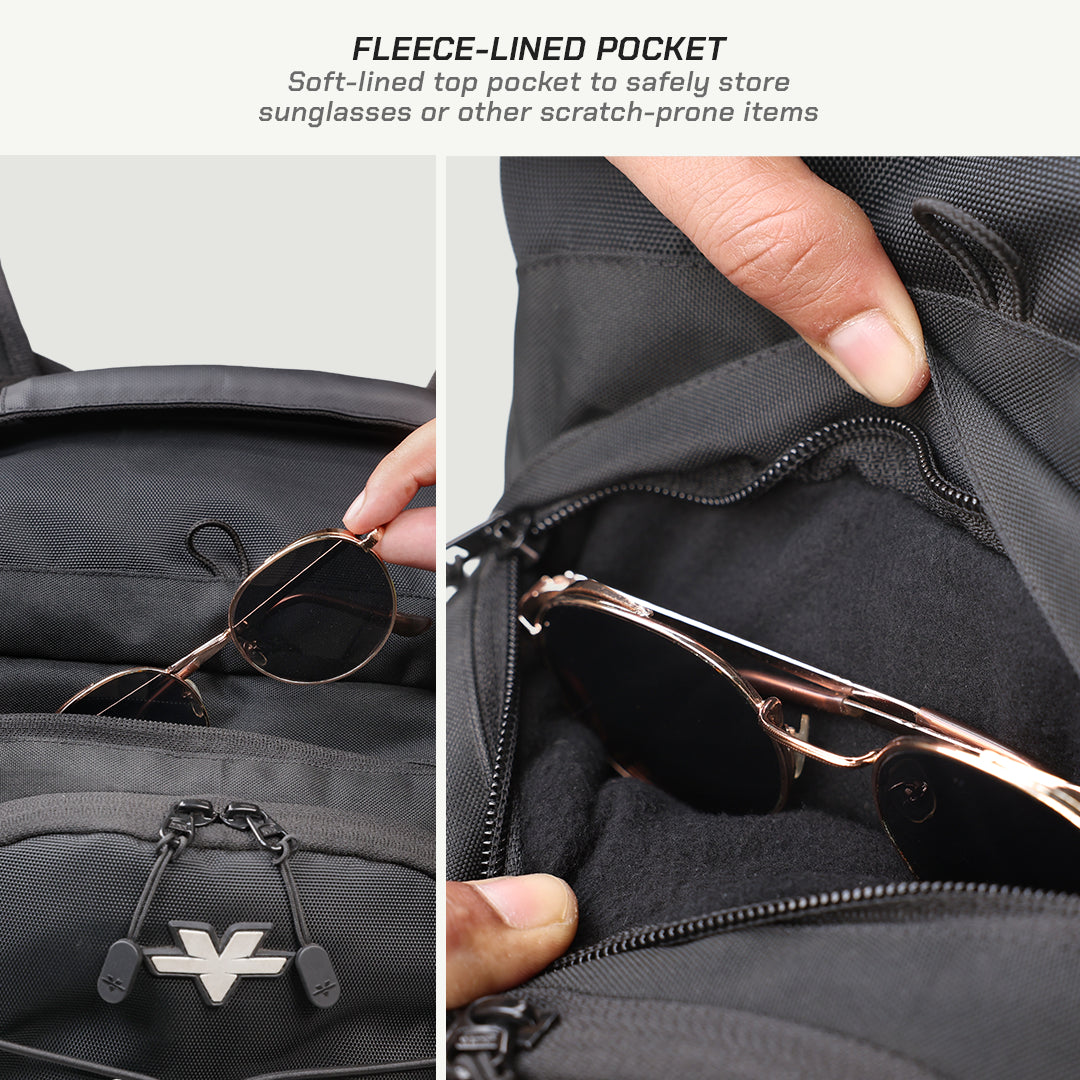 Close-up of a black backpack pocket with fleece lining, showing sunglasses being stored inside. The image includes text at the top reading 'FLEECE-LINED POCKET' and two side panels demonstrating the pocket's use, with a hand opening the zipper and placing sunglasses inside.