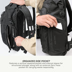 A black backpack shown in a split close-up with a person's hands demonstrating the side pocket storage. The left panel shows the back side with mesh padding and straps, and the right panel shows the front side pocket holding a white card.