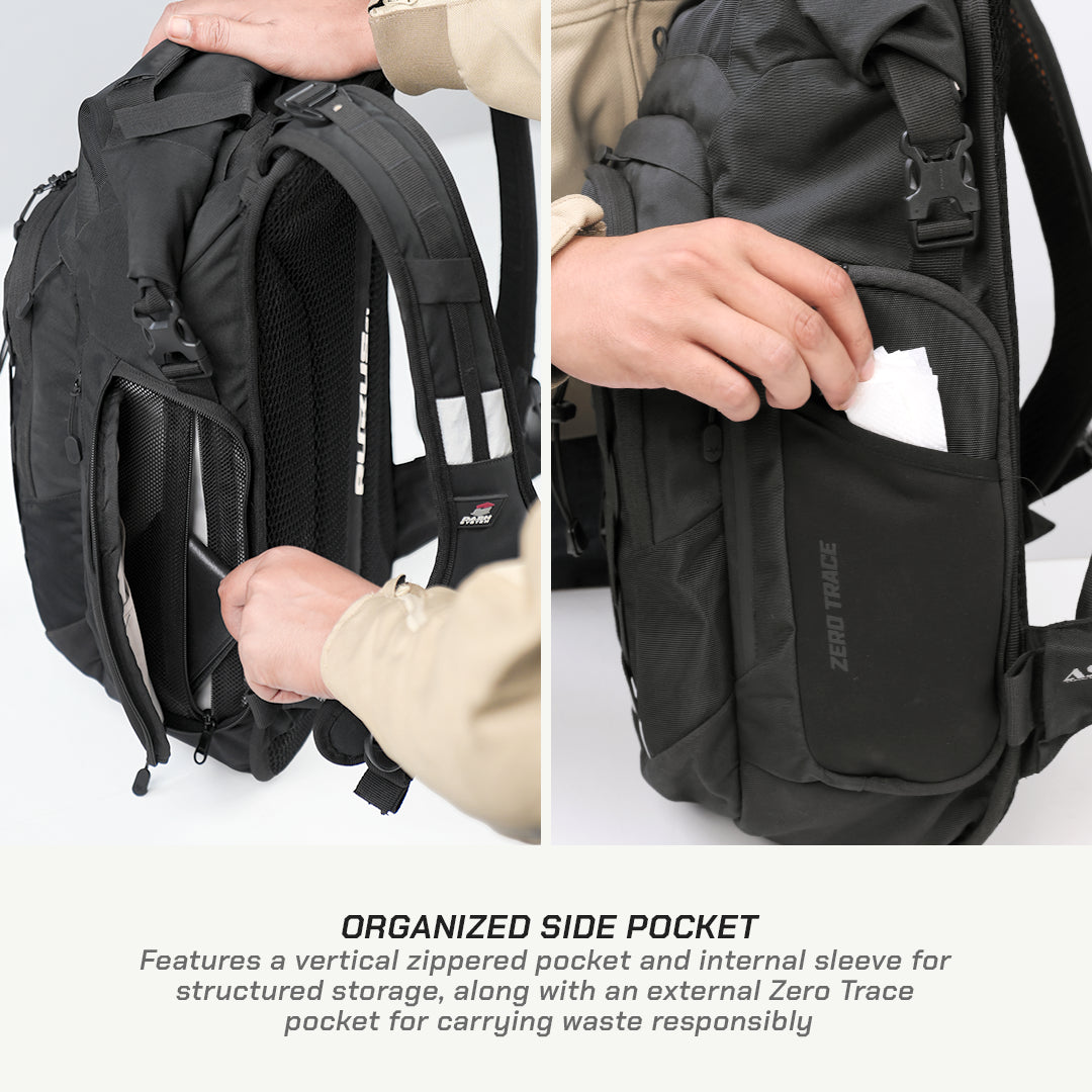 A black backpack shown in a split close-up with a person's hands demonstrating the side pocket storage. The left panel shows the back side with mesh padding and straps, and the right panel shows the front side pocket holding a white card.