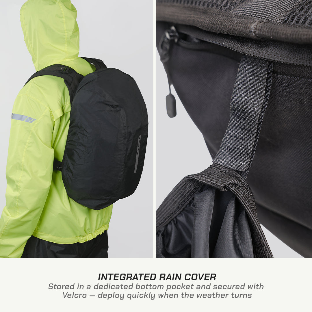 A black integrated rain cover backpack shown worn by a person in a neon yellow rain jacket, with a close-up of the black fabric and strap on the right. Text at the bottom reads 'INTEGRATED RAIN COVER' with a brief feature description.