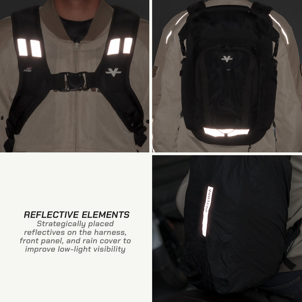 A four-panel product collage showing a black reflective motorcycle backpack worn over a beige jacket. The top-left panel shows the harness with reflective strips on the chest; the top-right shows the full backpack with reflective strips on the upper back and lower front; the bottom-left panel includes text describing reflective elements; the bottom-right shows a close-up of a vertical reflective strip on the side pocket.
