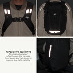 A four-panel product collage showing a black reflective motorcycle backpack worn over a beige jacket. The top-left panel shows the harness with reflective strips on the chest; the top-right shows the full backpack with reflective strips on the upper back and lower front; the bottom-left panel includes text describing reflective elements; the bottom-right shows a close-up of a vertical reflective strip on the side pocket.