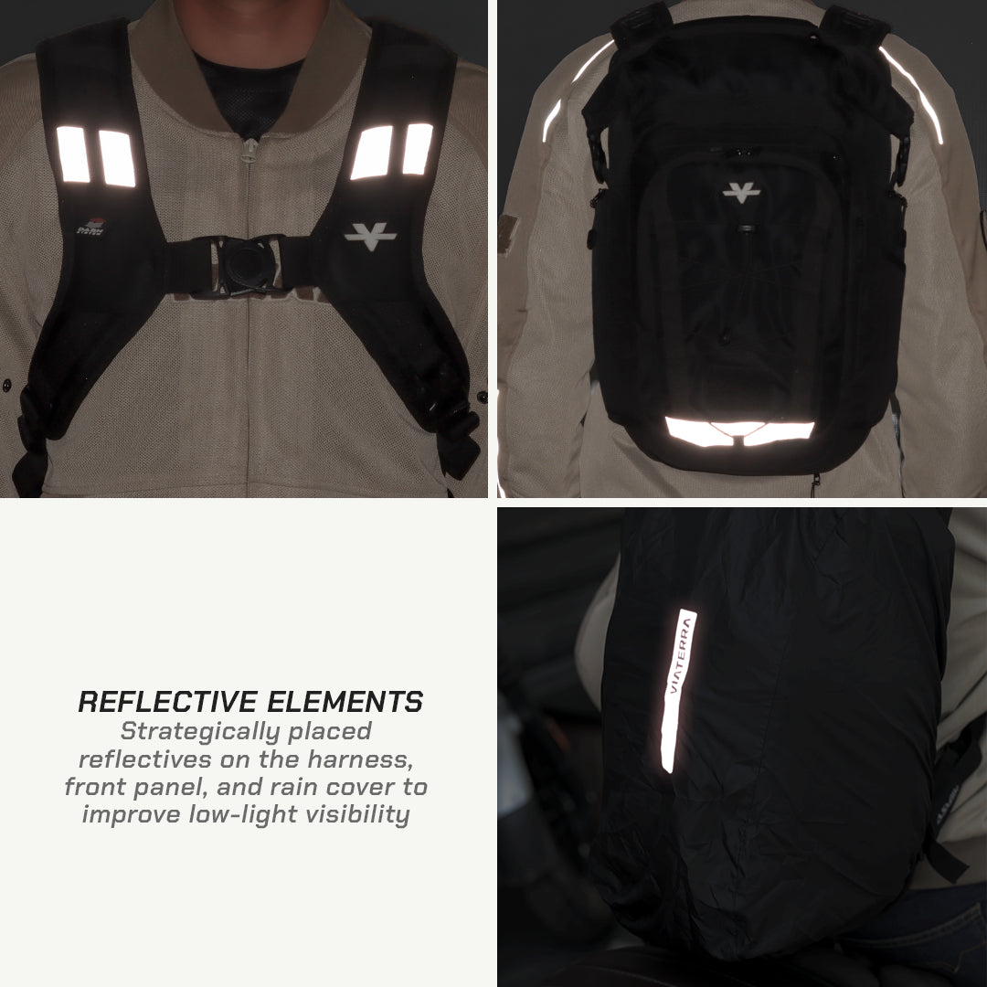 A four-panel product collage showing a black reflective motorcycle backpack worn over a beige jacket. The top-left panel shows the harness with reflective strips on the chest; the top-right shows the full backpack with reflective strips on the upper back and lower front; the bottom-left panel includes text describing reflective elements; the bottom-right shows a close-up of a vertical reflective strip on the side pocket.