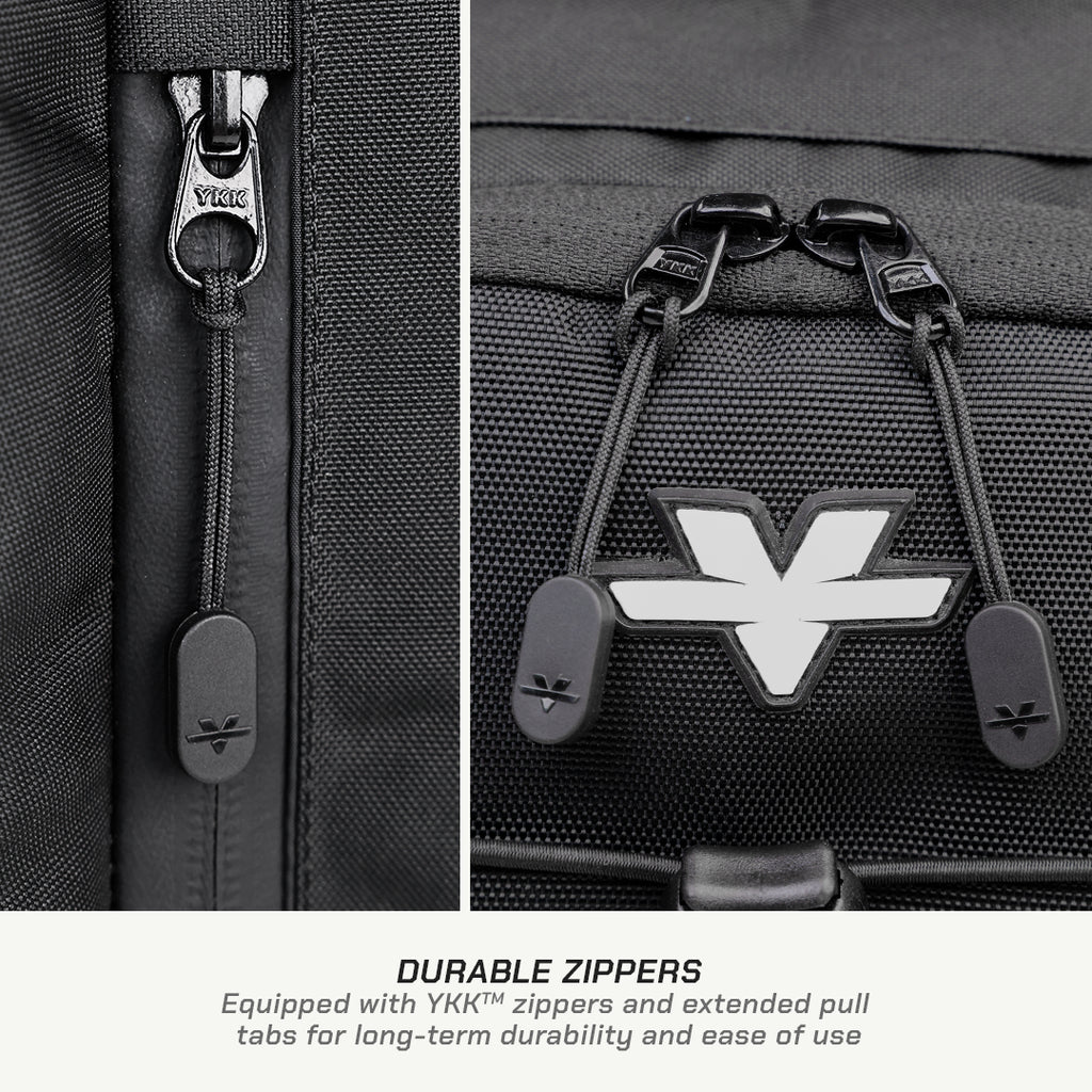 Close-up of a black backpack showing durable YKK zippers with extended pull tabs and a black YKK logo patch, with text below reading 'DURABLE ZIPPERS'.