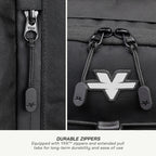 Close-up of a black backpack showing durable YKK zippers with extended pull tabs and a black YKK logo patch, with text below reading 'DURABLE ZIPPERS'.