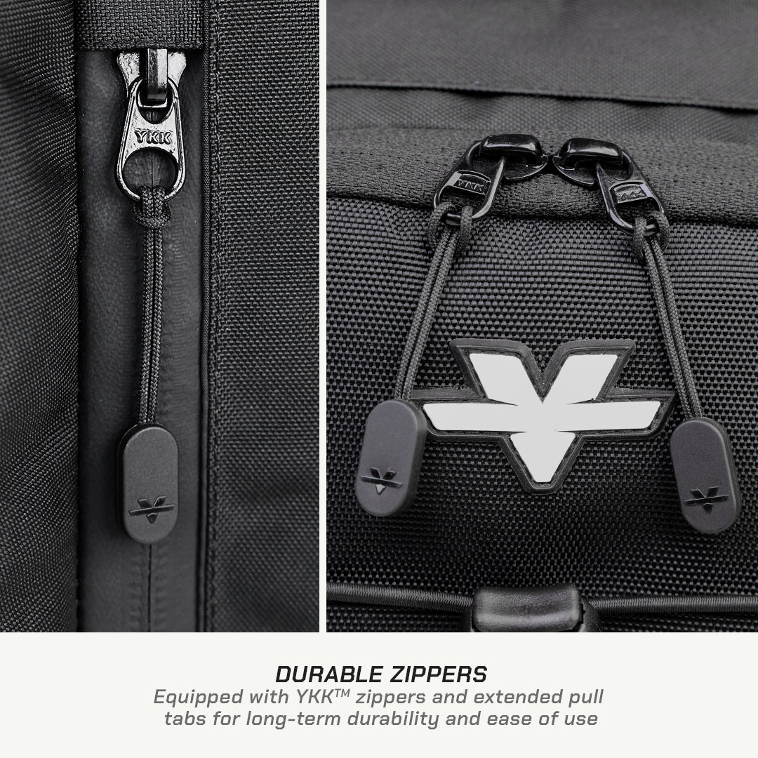 Close-up of a black backpack showing durable YKK zippers with extended pull tabs and a black YKK logo patch, with text below reading 'DURABLE ZIPPERS'.