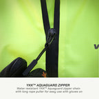 color_Fluoroscent-Green Close-up of a YKK Aquaguard zipper on a green jacket with text describing the feature.