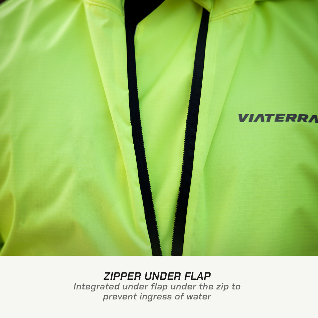 color_Fluoroscent-Green Close-up of a bright green jacket with a zipper and VIATERRA branding.