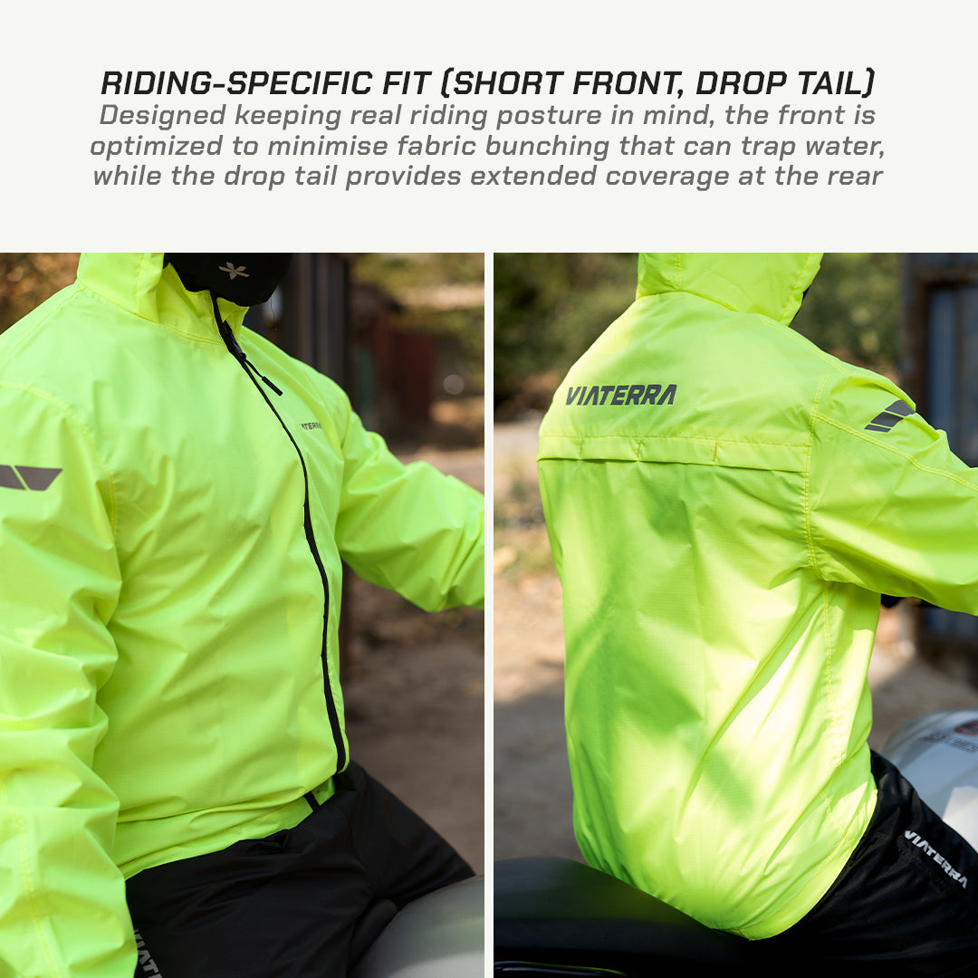 color_Fluoroscent-Green Bright yellow cycling jacket with 'Viaterra' branding, showing front and back views.
