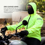 color_Fluoroscent-Green Person wearing a bright yellow-green motorcycle jacket with pre-curved arms on a motorcycle.