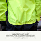 color_Fluoroscent-Green Close-up of a bright yellow raincoat with a secure gripper waist feature.