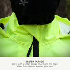 color_Fluoroscent-Green Neon yellow jacket with a slider garage feature on a blurred background