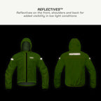 color_Fluoroscent-Green Green jacket with reflective features on a black background, highlighting Viaterra brand.