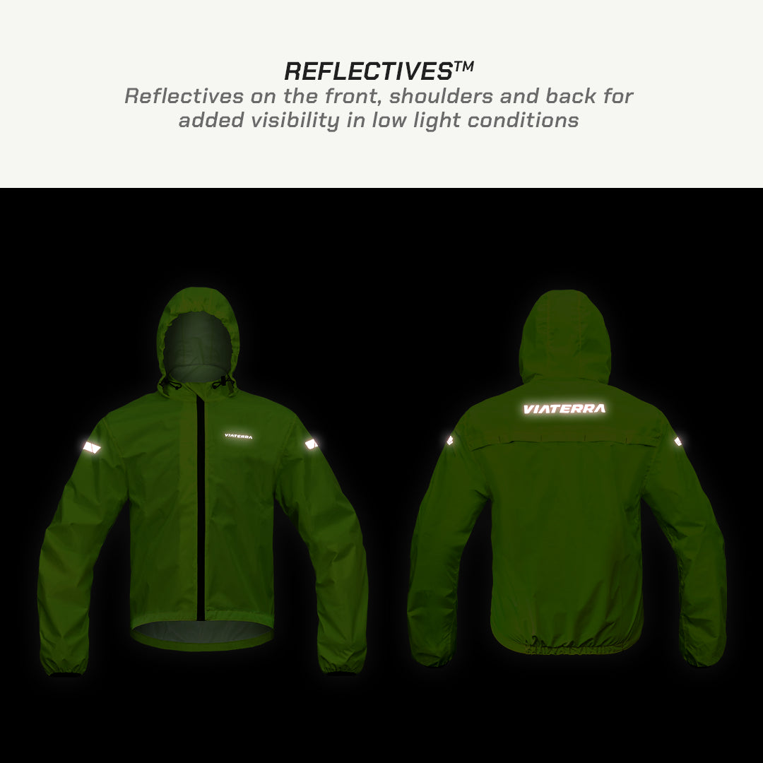 color_Fluoroscent-Green Green jacket with reflective features on a black background, highlighting Viaterra brand.